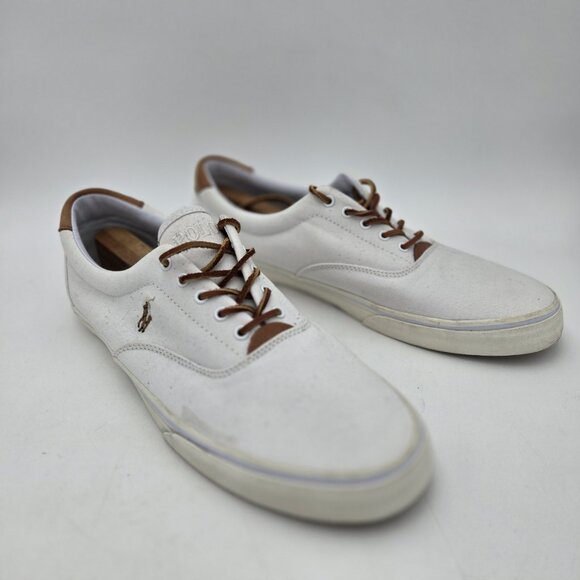 Polo Ralph Lauren Thorton 15D Tan Canvas Leather Trim Sneakers Mens White 01087 - Picture 1 of 12